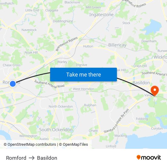 Romford to Basildon map