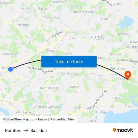 Romford to Basildon map
