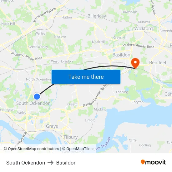 South Ockendon to Basildon map