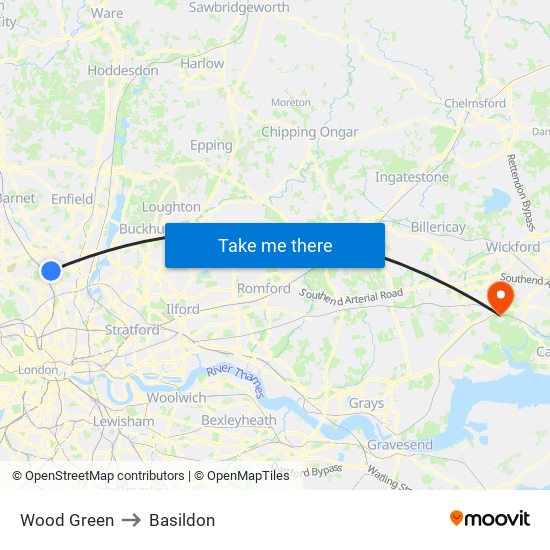 Wood Green to Basildon map