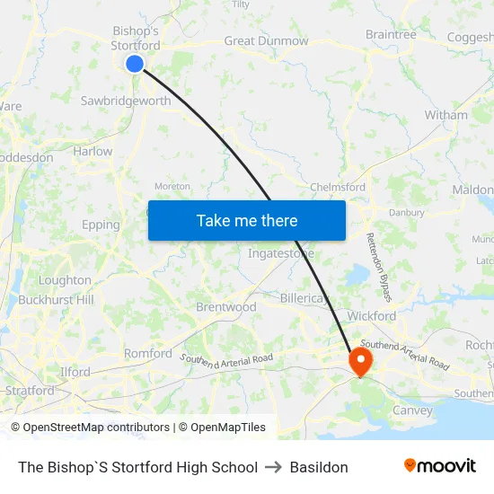 The Bishop`S Stortford High School to Basildon map