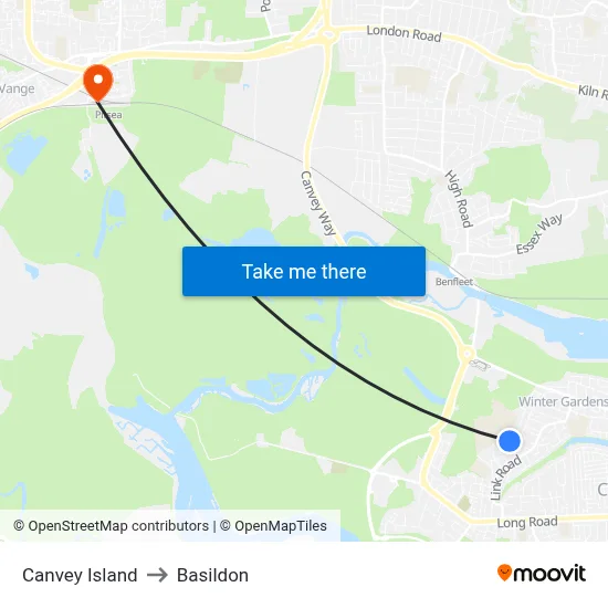 Canvey Island to Basildon map