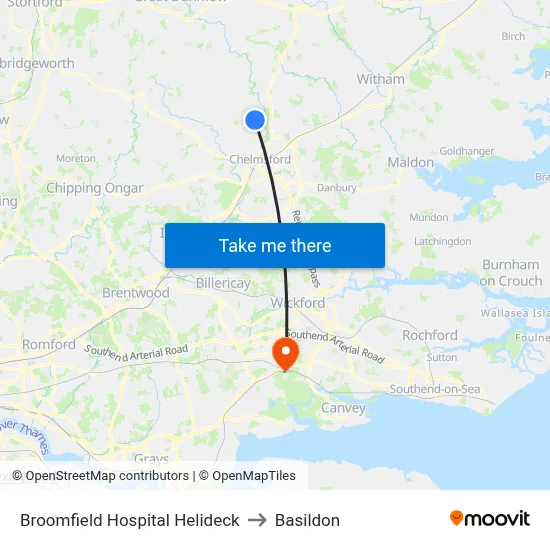 Broomfield Hospital Helideck to Basildon map