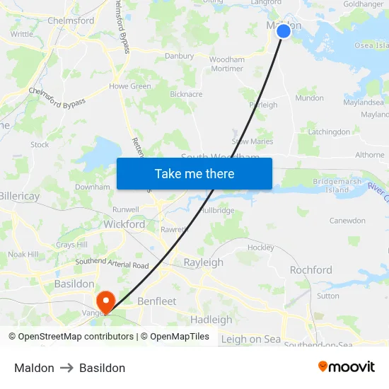 Maldon to Basildon map