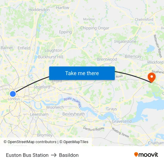 Euston Bus Station to Basildon map