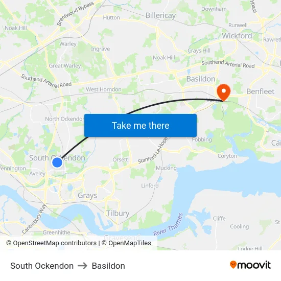 South Ockendon to Basildon map