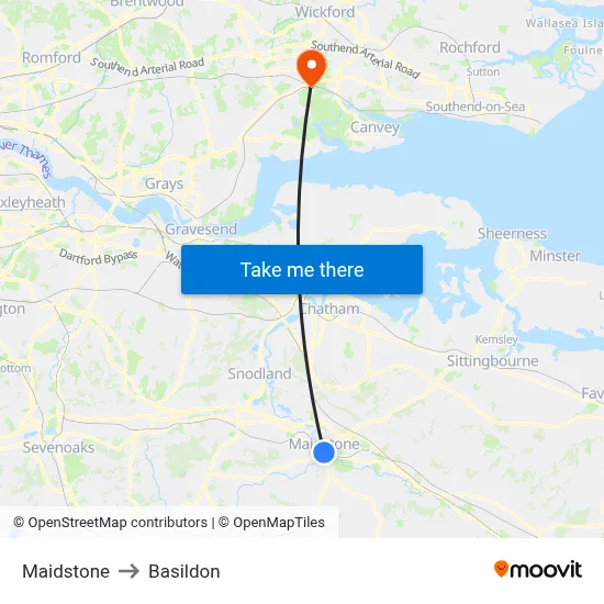 Maidstone to Basildon map