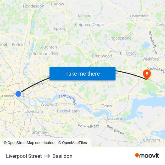 Liverpool Street to Basildon map