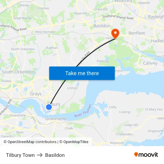 Tilbury Town to Basildon map