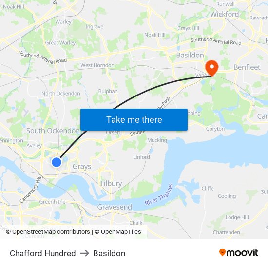 Chafford Hundred to Basildon map