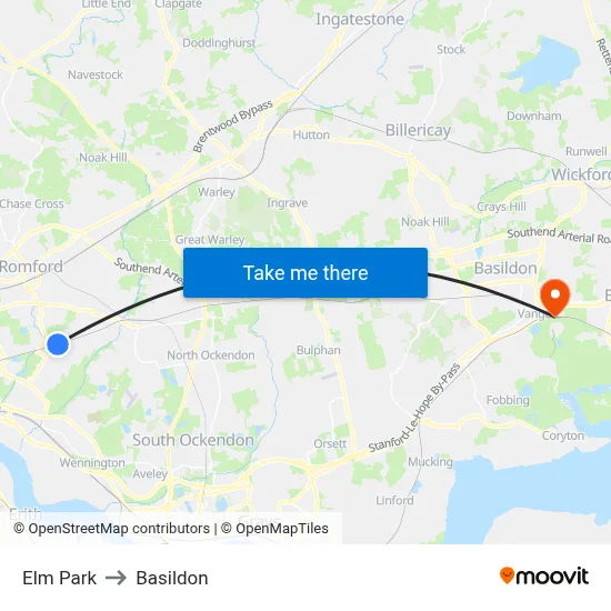 Elm Park to Basildon map