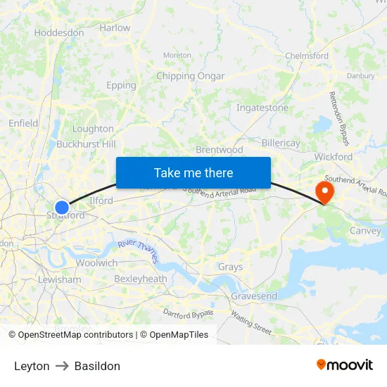 Leyton to Basildon map