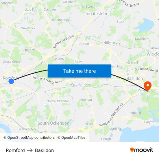 Romford to Basildon map