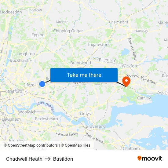 Chadwell Heath to Basildon map