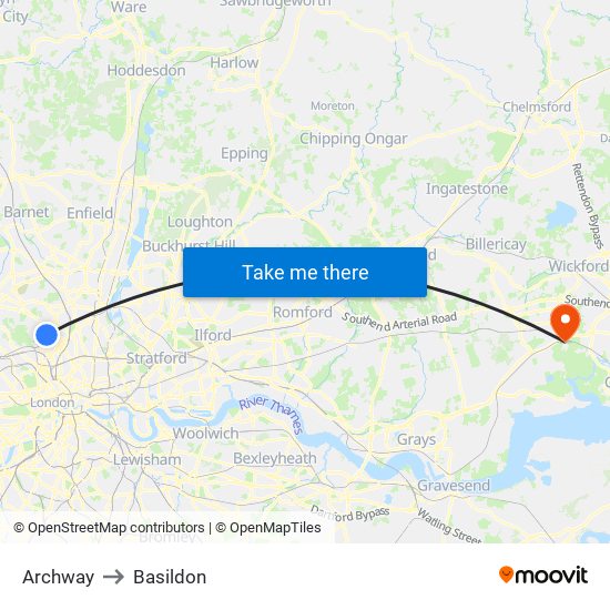 Archway to Basildon map