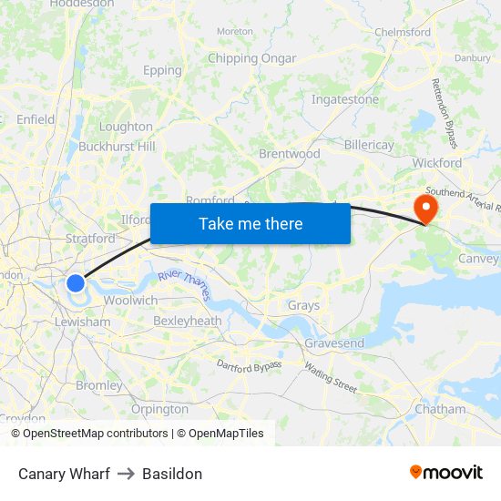 Canary Wharf to Basildon map