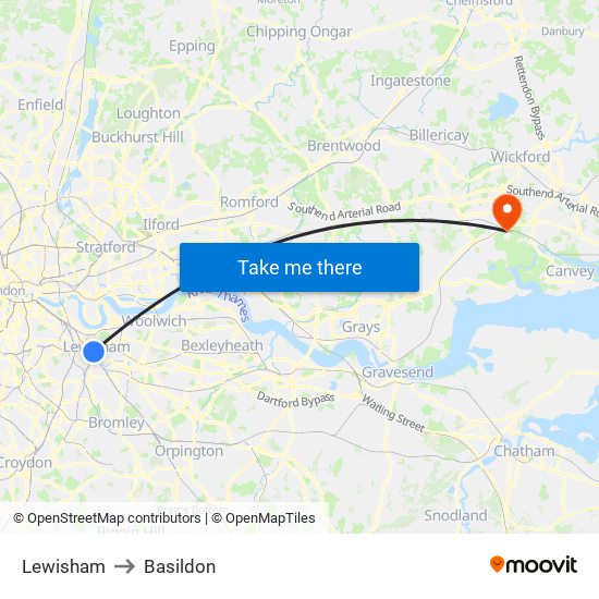 Lewisham to Basildon map