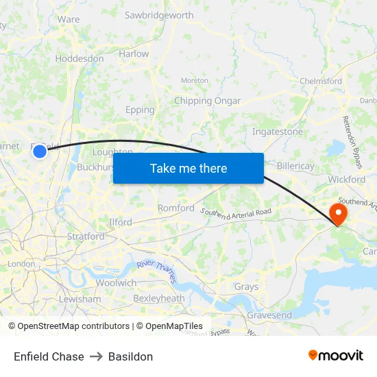Enfield Chase to Basildon map