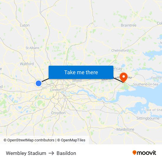 Wembley Stadium to Basildon map