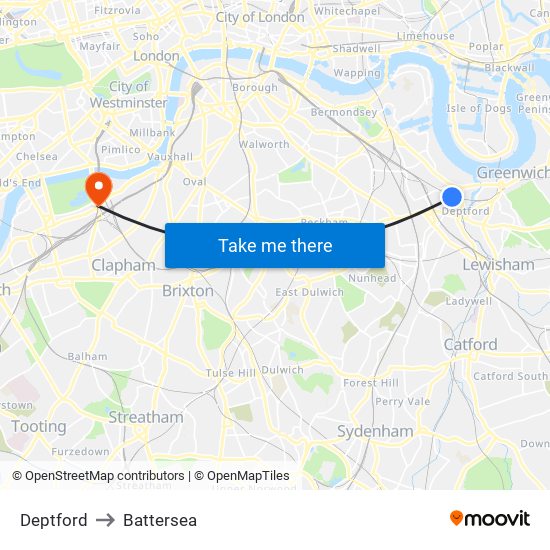 Deptford to Battersea map