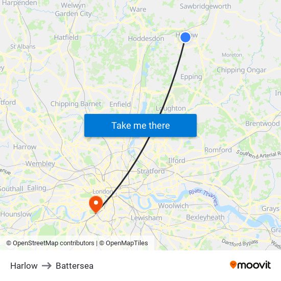 Harlow to Battersea map