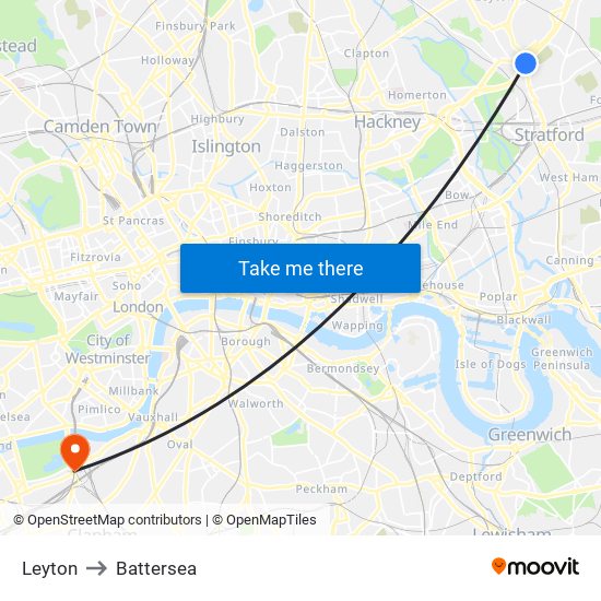 Leyton to Battersea map