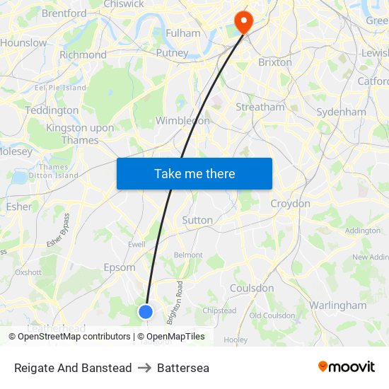 Reigate And Banstead to Battersea map