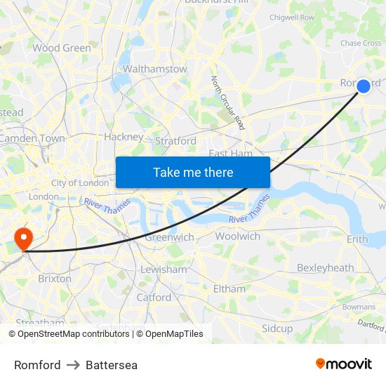 Romford to Battersea map