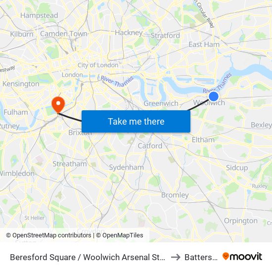 Beresford Square / Woolwich Arsenal Station to Battersea map