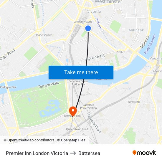 Premier Inn London Victoria to Battersea map