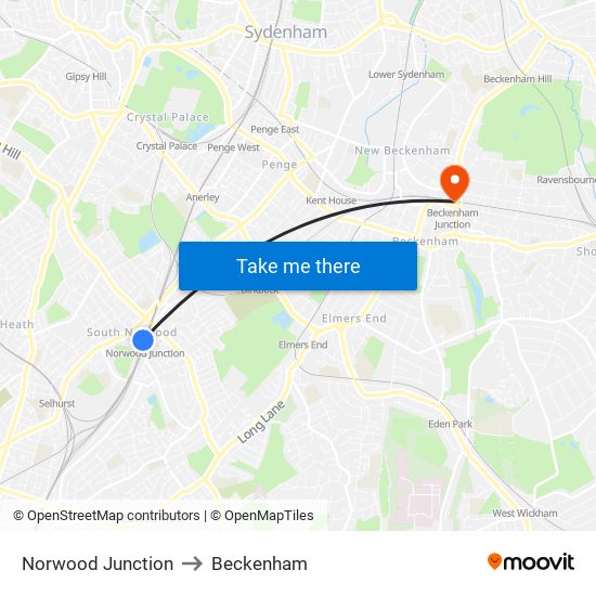 Norwood Junction to Beckenham map