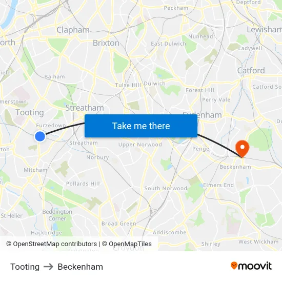 Tooting to Beckenham map