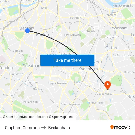 Clapham Common to Beckenham map