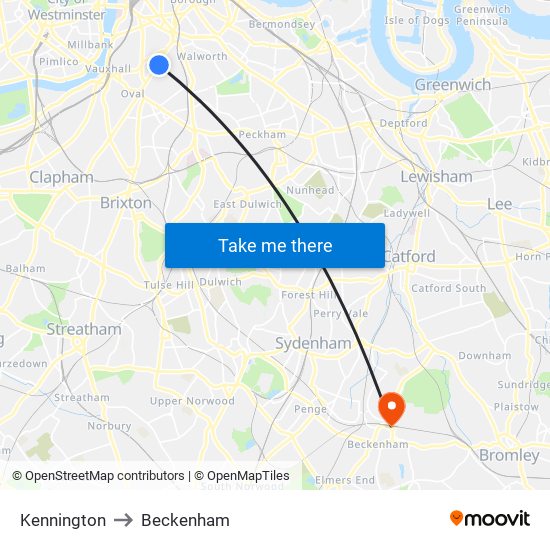 Kennington to Beckenham map