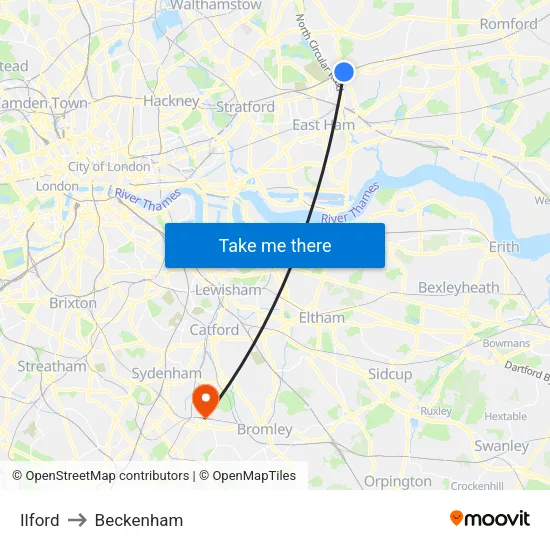 Ilford to Beckenham map