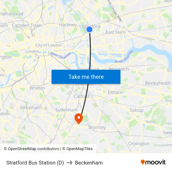 Stratford Bus Station (D) to Beckenham map