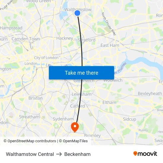 Walthamstow Central to Beckenham map