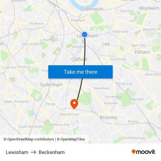 Lewisham to Beckenham map