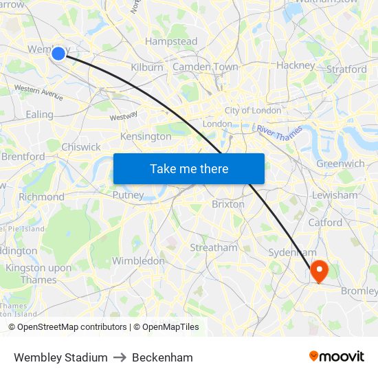 Wembley Stadium to Beckenham map