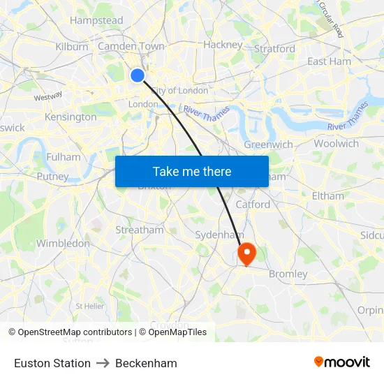 Euston Station to Beckenham map