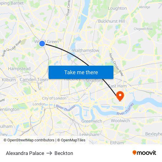 Alexandra Palace to Beckton map