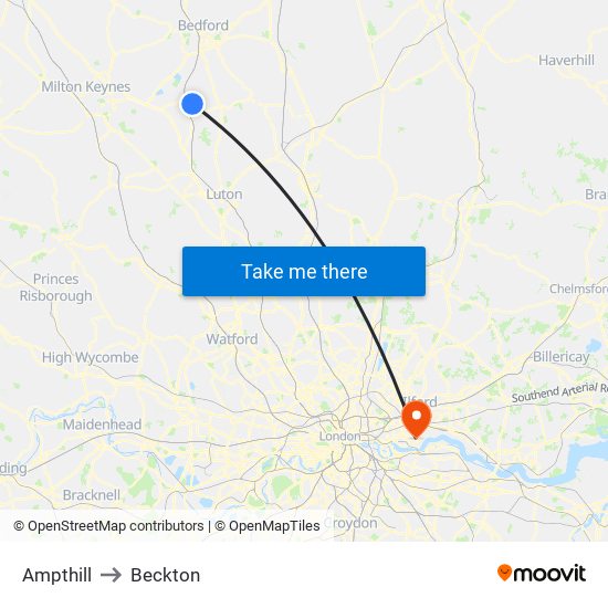 Ampthill to Beckton map