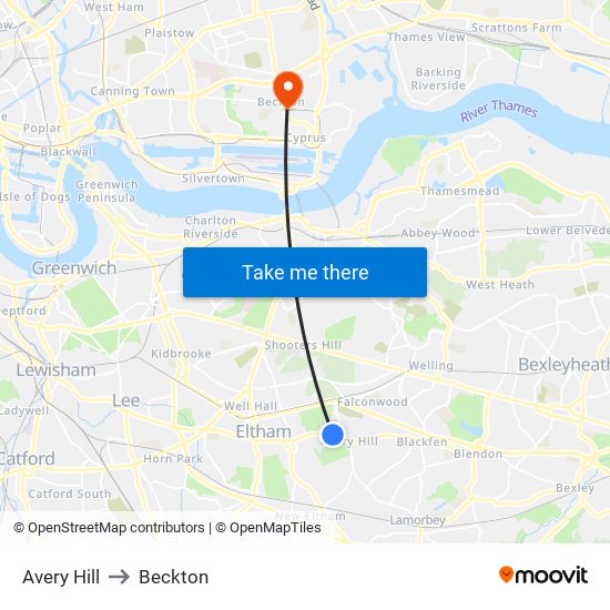 Avery Hill to Beckton map