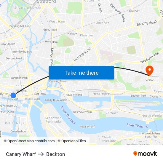 Canary Wharf to Beckton map