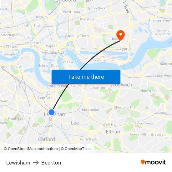 Lewisham to Beckton map