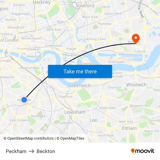 Peckham to Beckton map