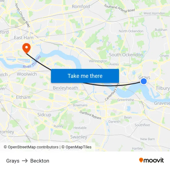 Grays to Beckton map