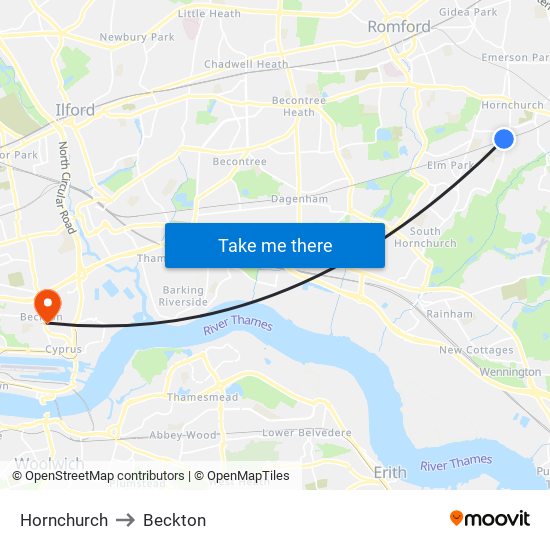 Hornchurch to Beckton map