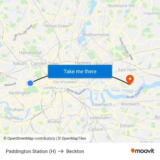 Paddington Station (H) to Beckton map