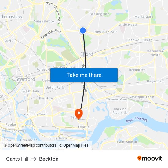 Gants Hill to Beckton map